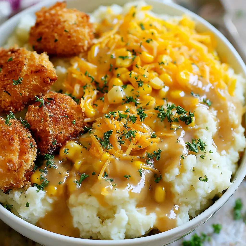 A bowl of mashed potatoes with chicken and cheese.