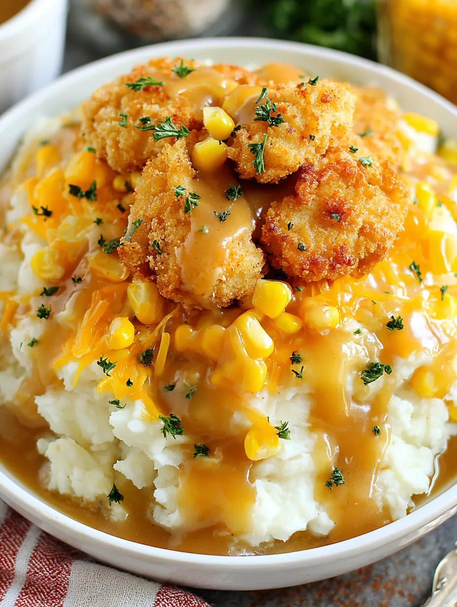 A bowl of mashed potatoes with chicken on top.