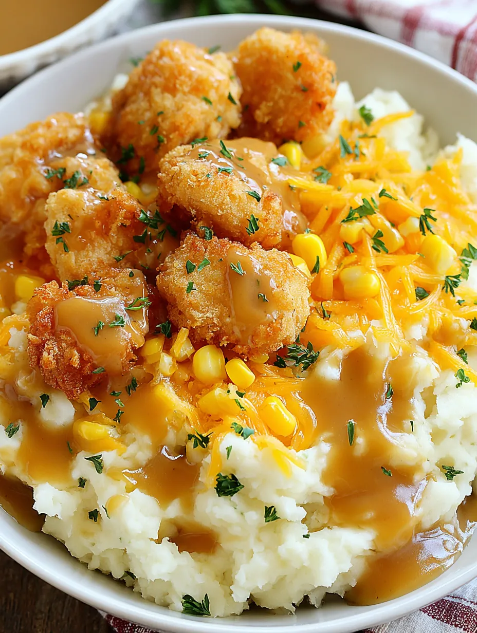A bowl of mashed potatoes with chicken and gravy.