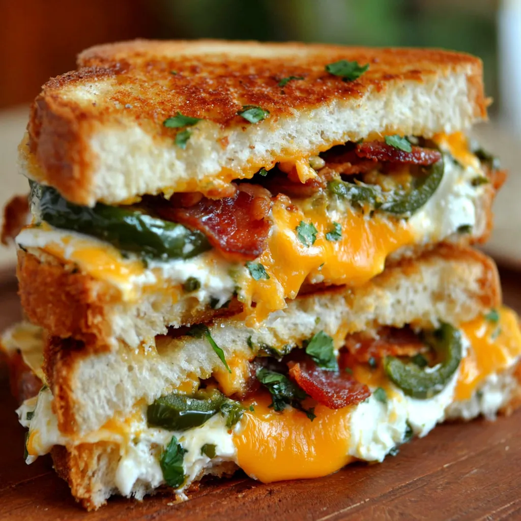 A jalapeno popper sandwich is stacked on a table.