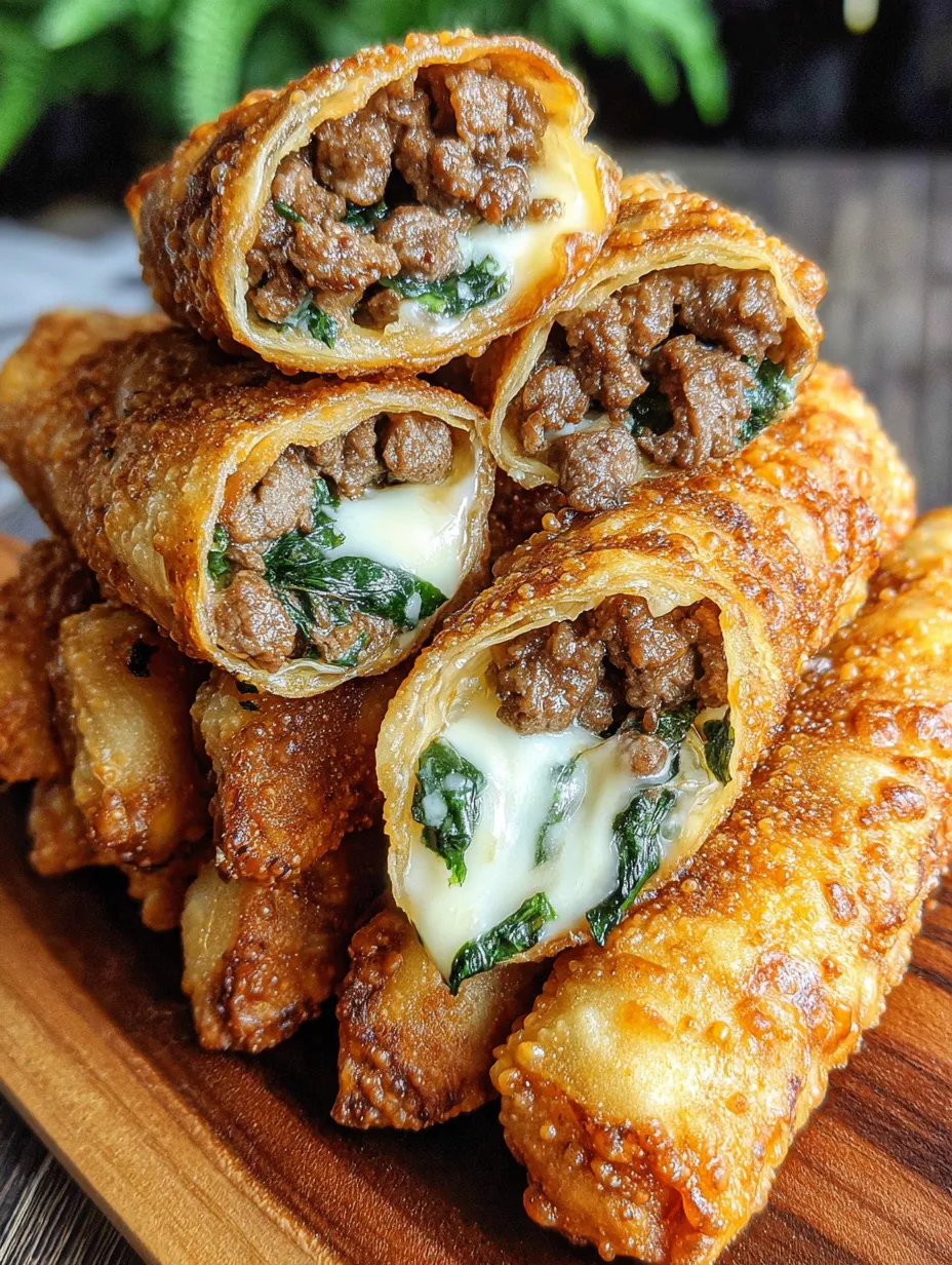 A stack of Philly cheesesteak egg rolls.