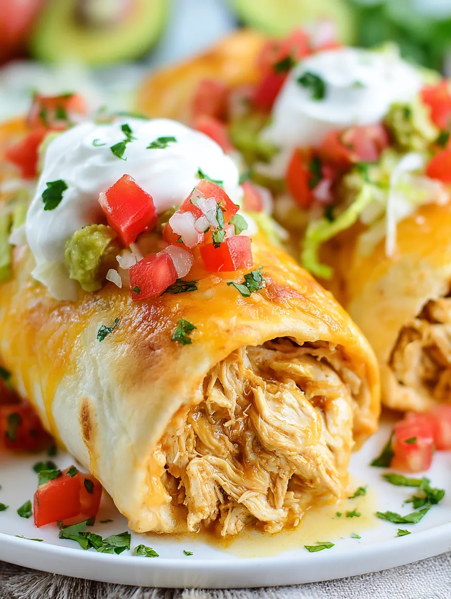 Chicken Chimichangas with sour cream and tomatoes.