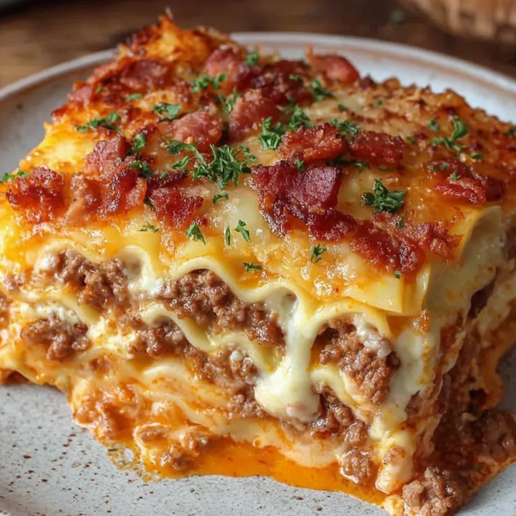 A slice of lasagna with bacon and cheese.