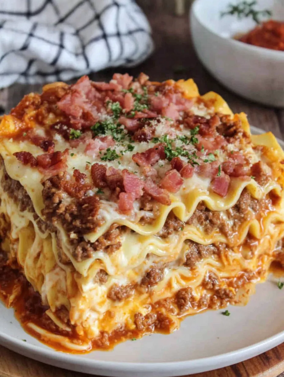 A delicious looking lasagna with bacon and cheese.