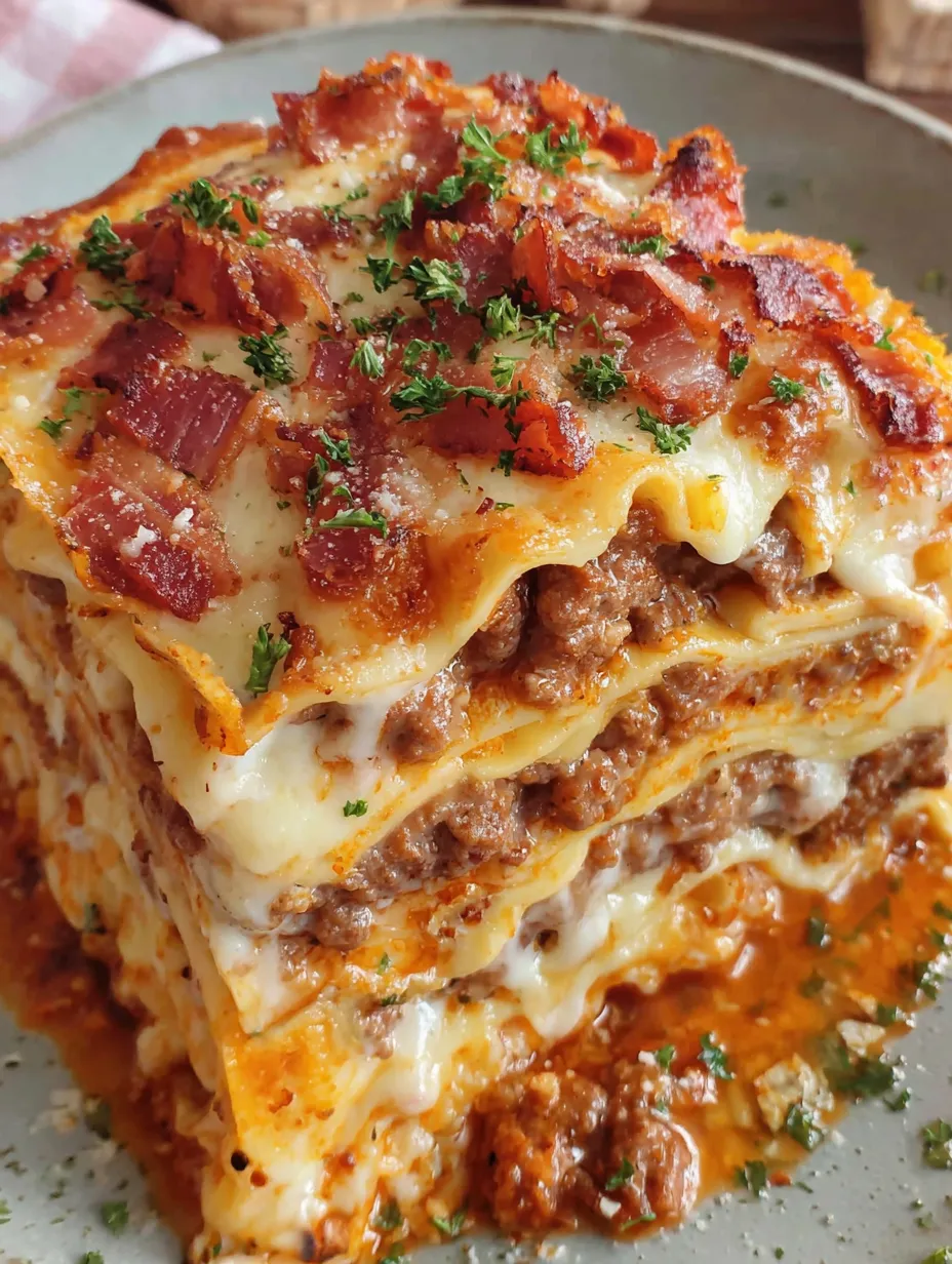 A stack of lasagna with cheese and bacon.