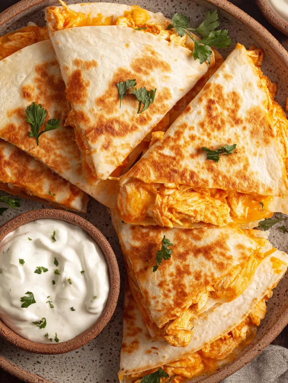 A plate of chicken quesadilla with a bowl of sour cream.
