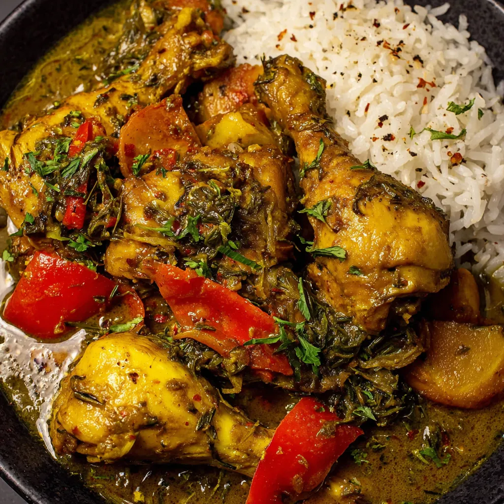 A bowl of authentic Jamaican curry chicken.