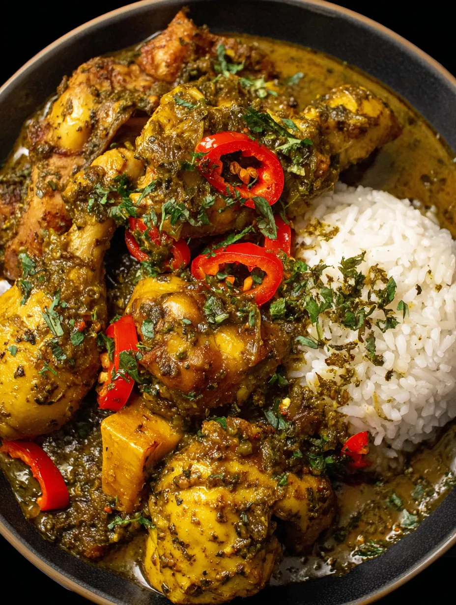 A bowl of chicken with a green sauce.