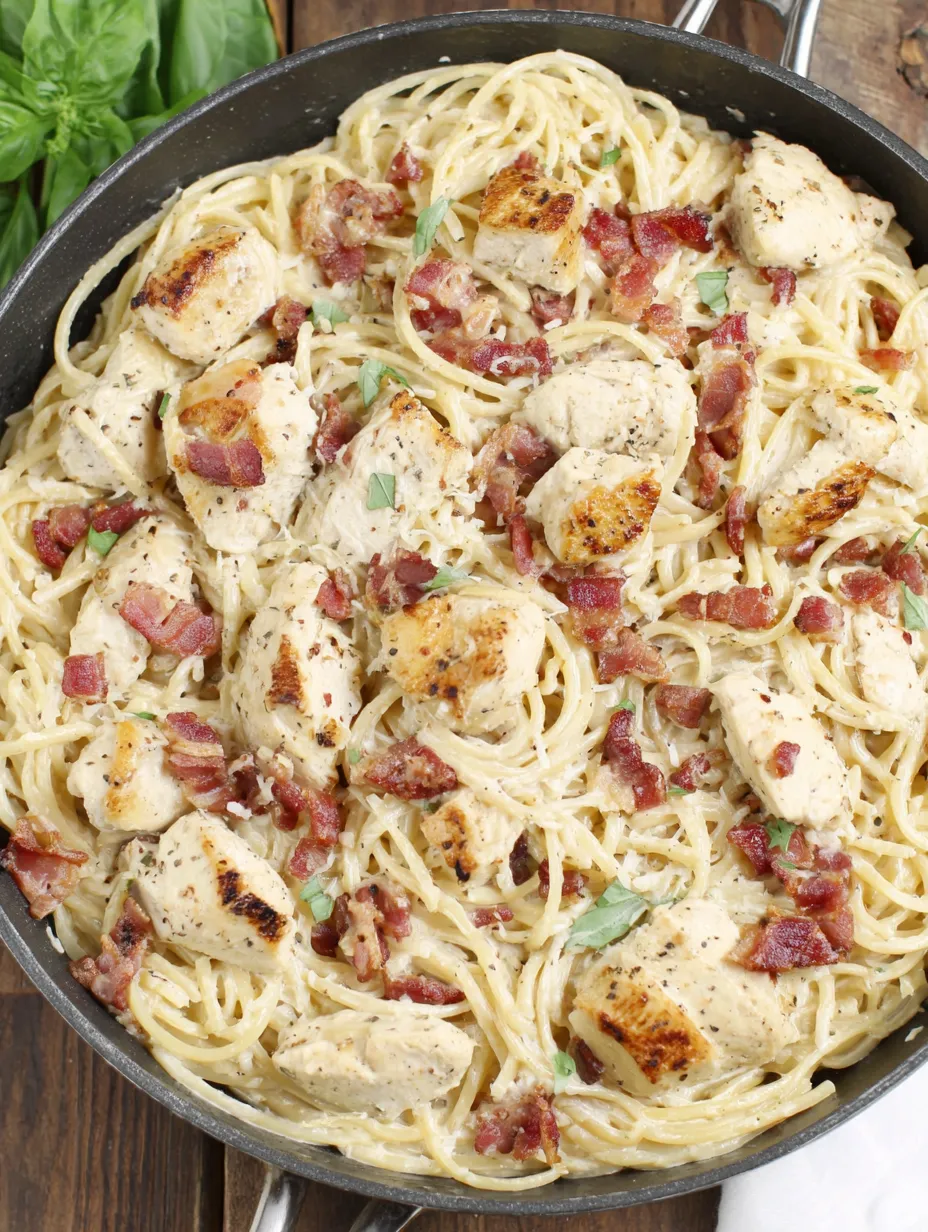 A dish of cream cheese bacon chicken pasta.