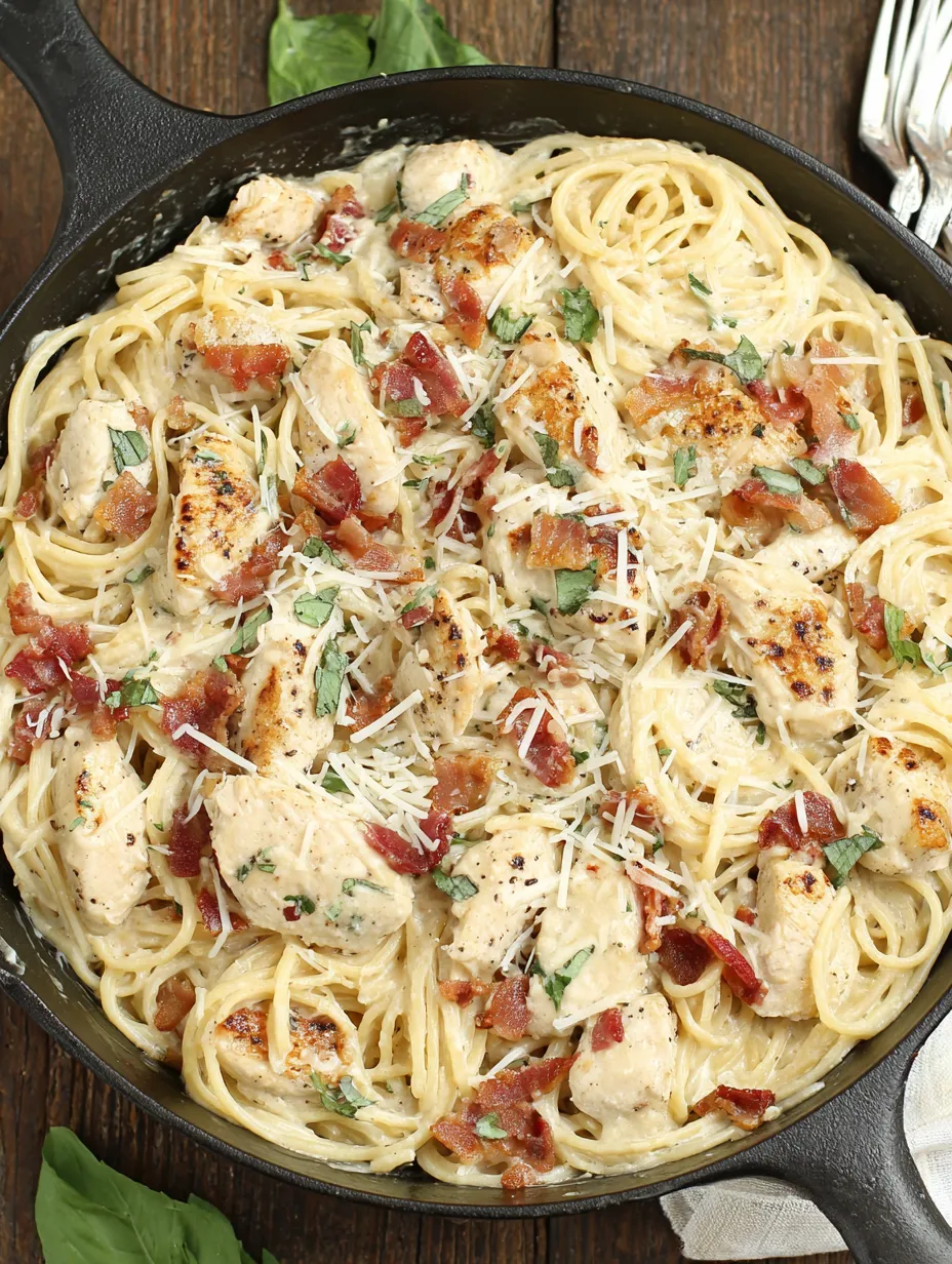 A delicious cream cheese bacon chicken pasta dish.