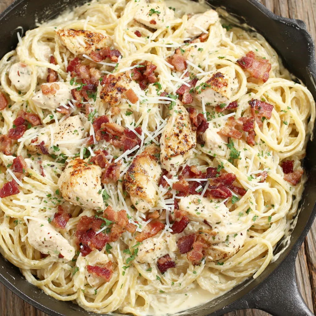 A dish of cream cheese bacon chicken pasta.