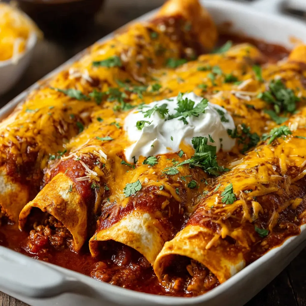 A dish of chili cheese enchiladas.