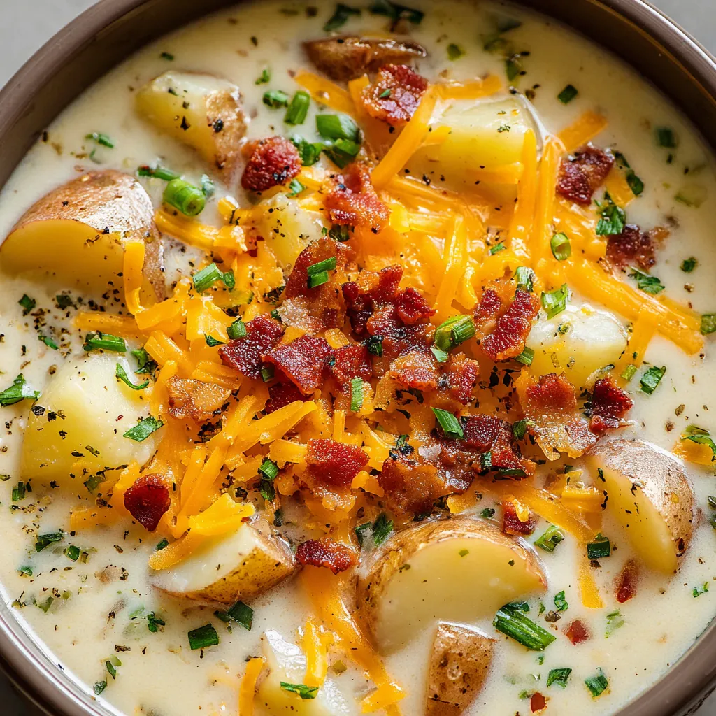 A bowl of soup with bacon and potatoes.
