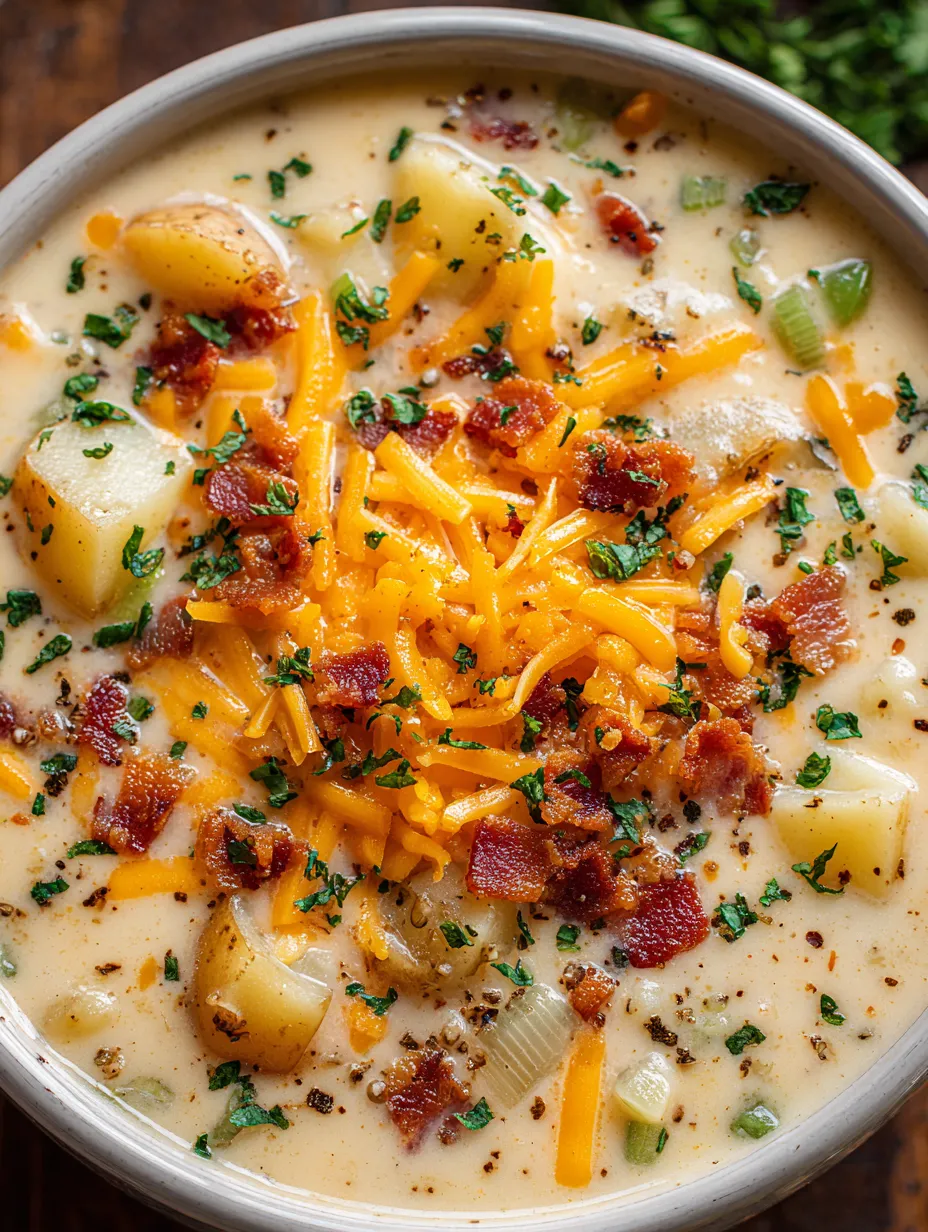 A bowl of outback potato soup with bacon and cheese.