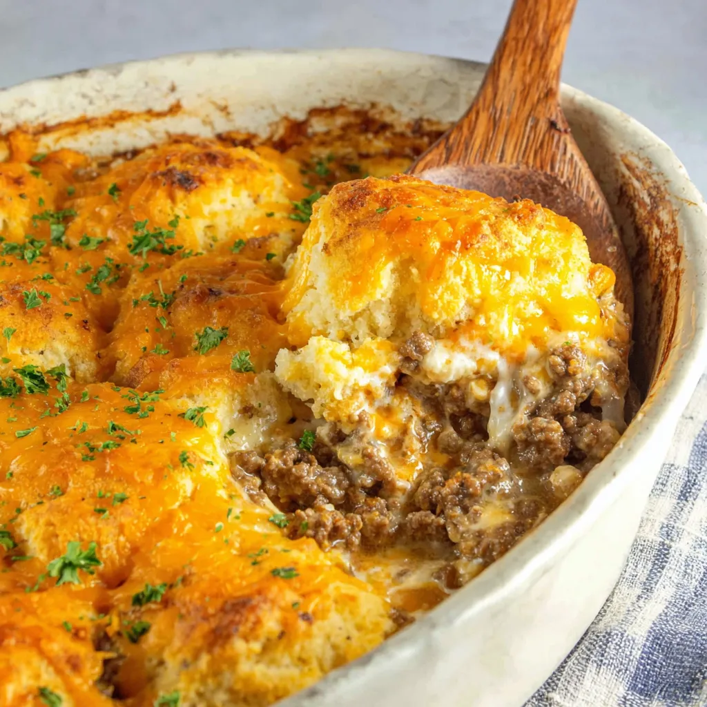A bowl of cheddar bay ground beef cobbler.