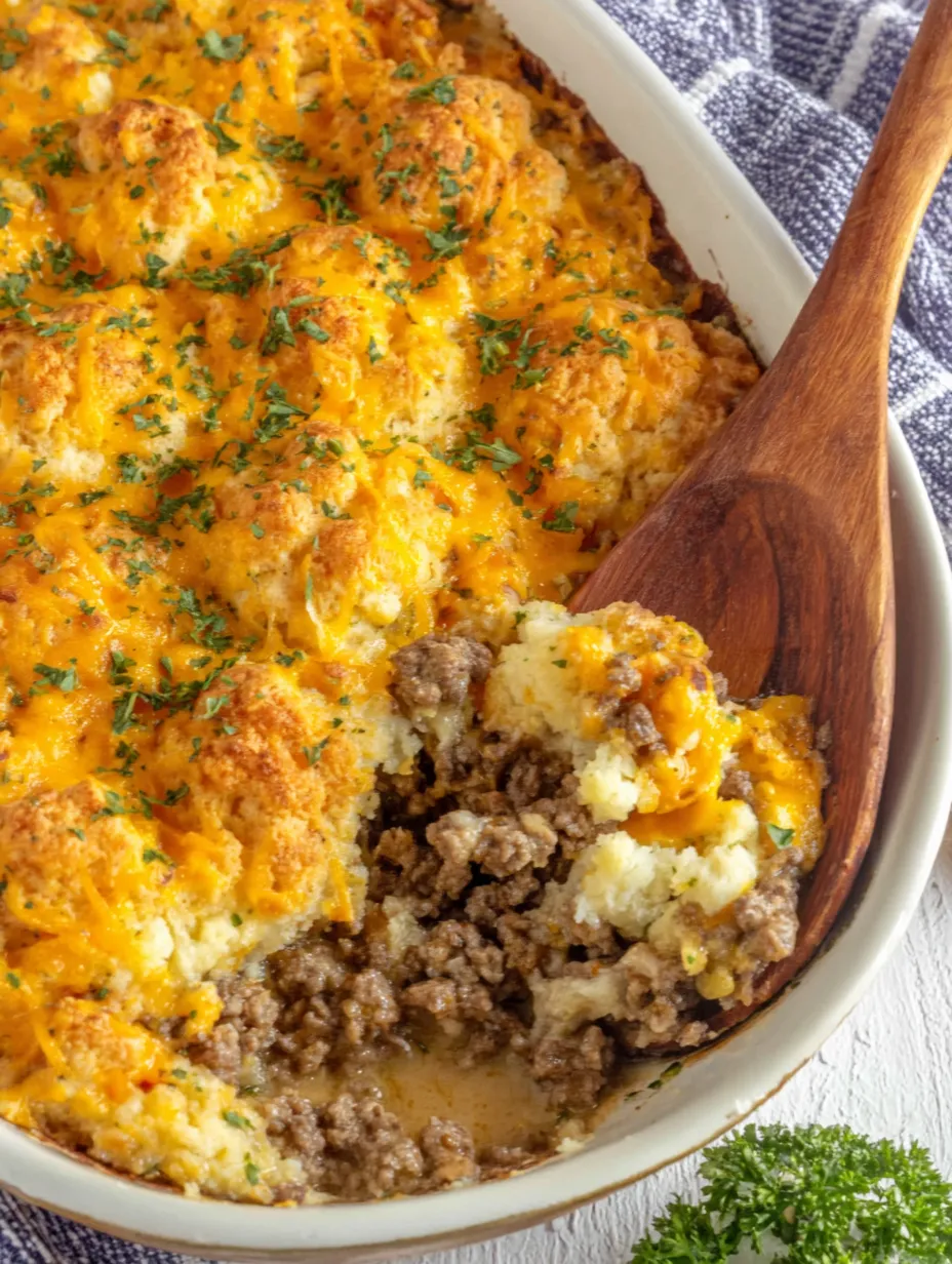A close up of a delicious Cheddar Bay Ground Beef Cobbler.
