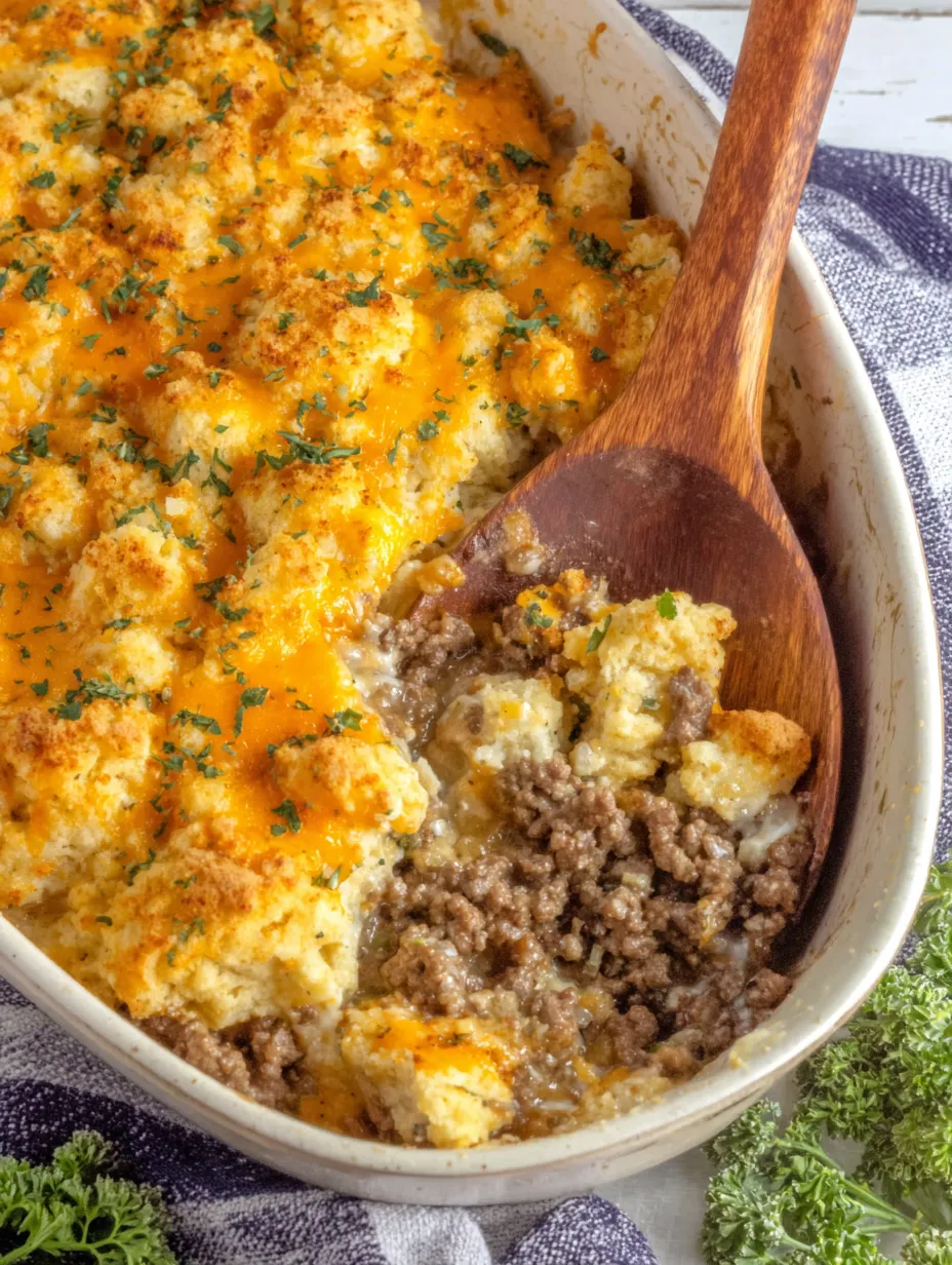 A bowl of cheddar bay ground beef cobbler.