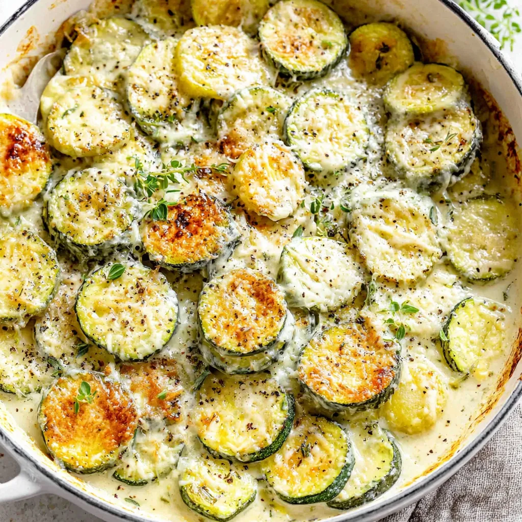 A dish of creamy Parmesan zucchini.