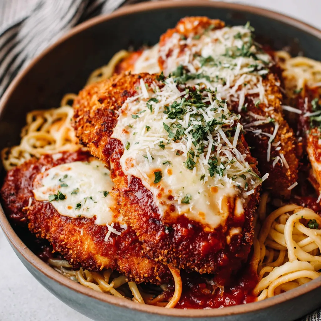A bowl of chicken Parmesan with spaghetti.