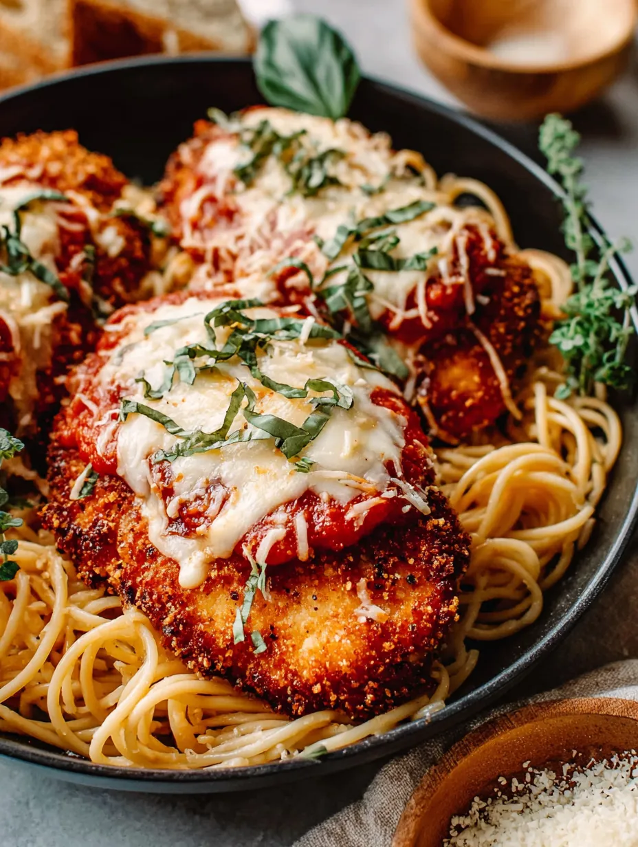 A plate of chicken Parmesan with pasta.