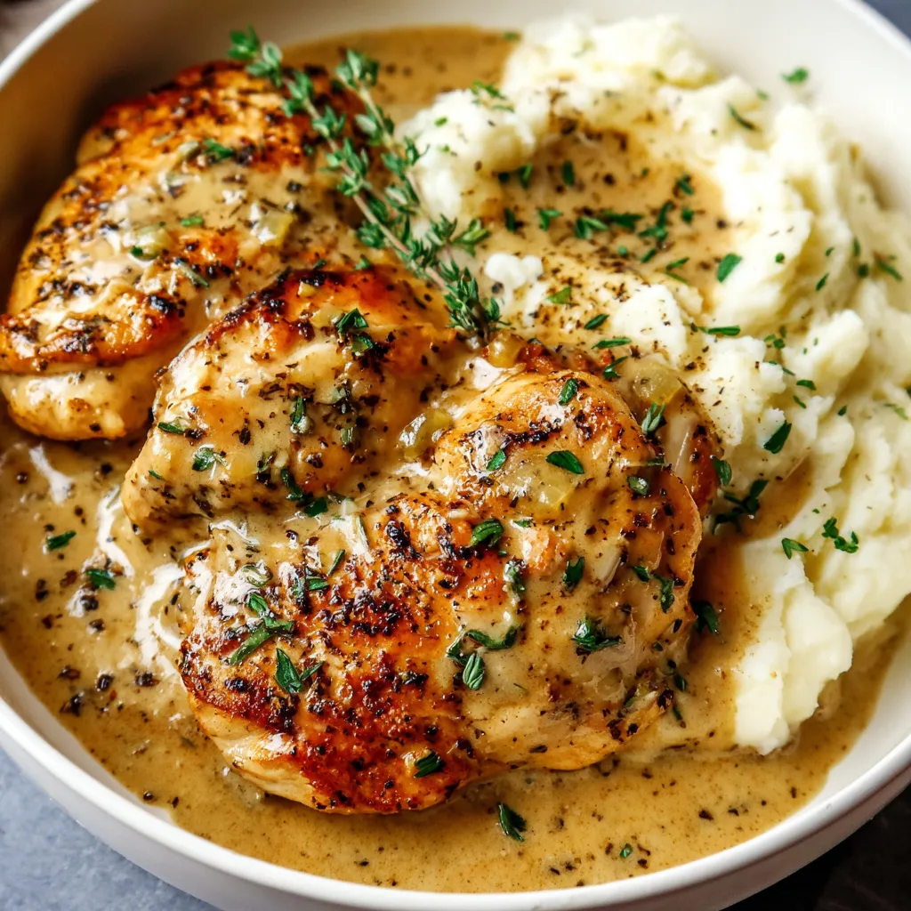 A bowl of creamy garlic chicken with potatoes.