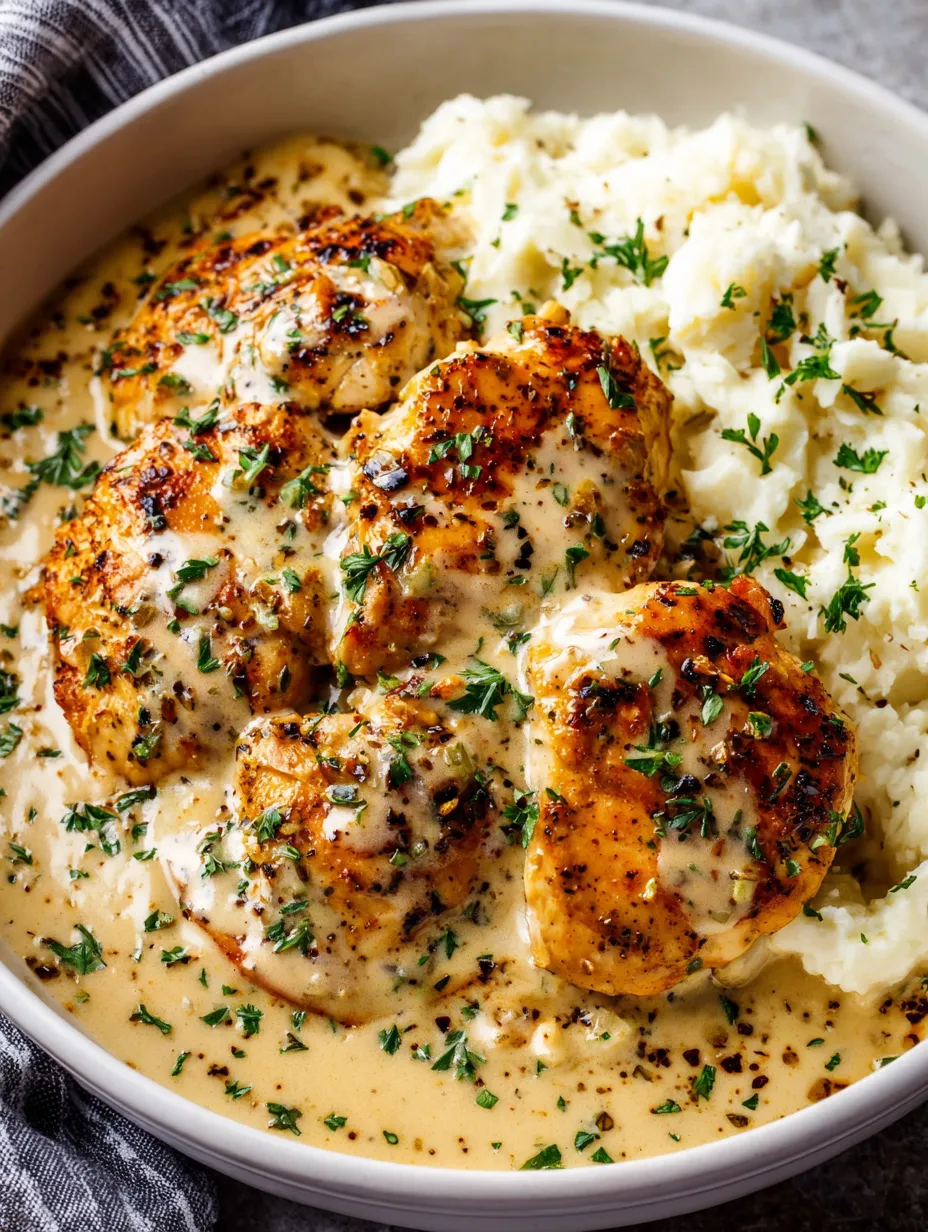 A bowl of creamy garlic chicken with mashed potatoes.