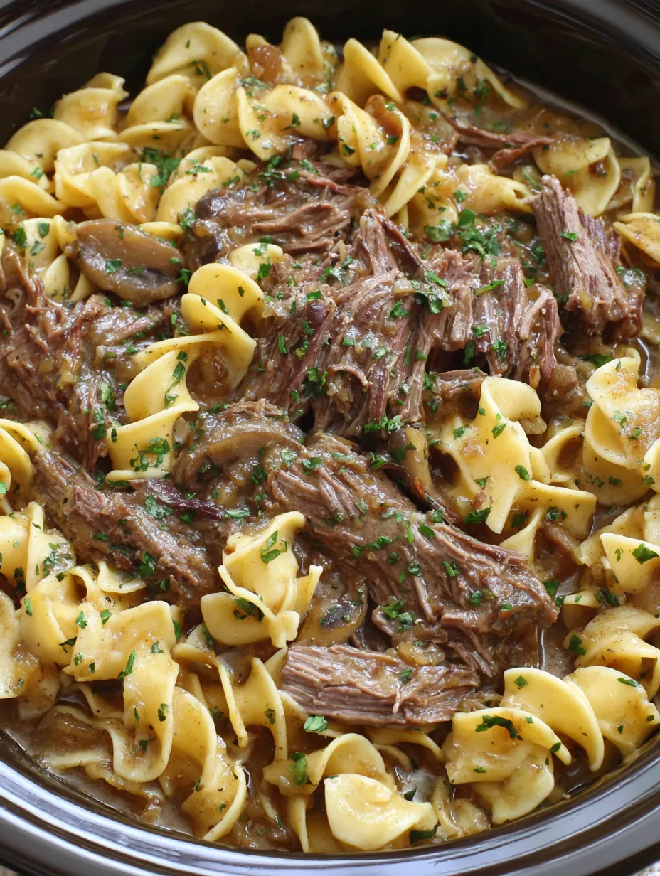 A close up of a crock pot beef and noodles dish.