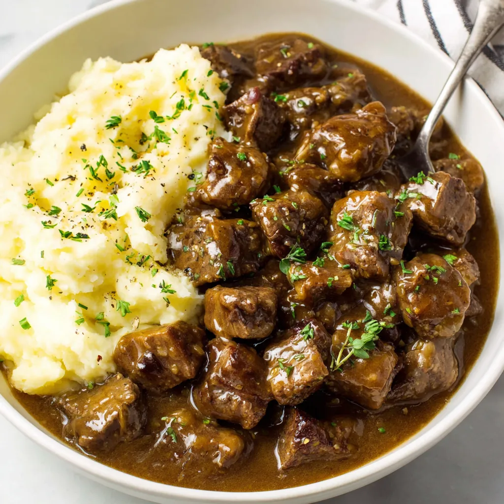 A bowl of beef tips and gravy.