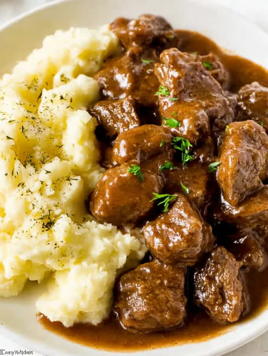 A plate of beef tips and gravy.