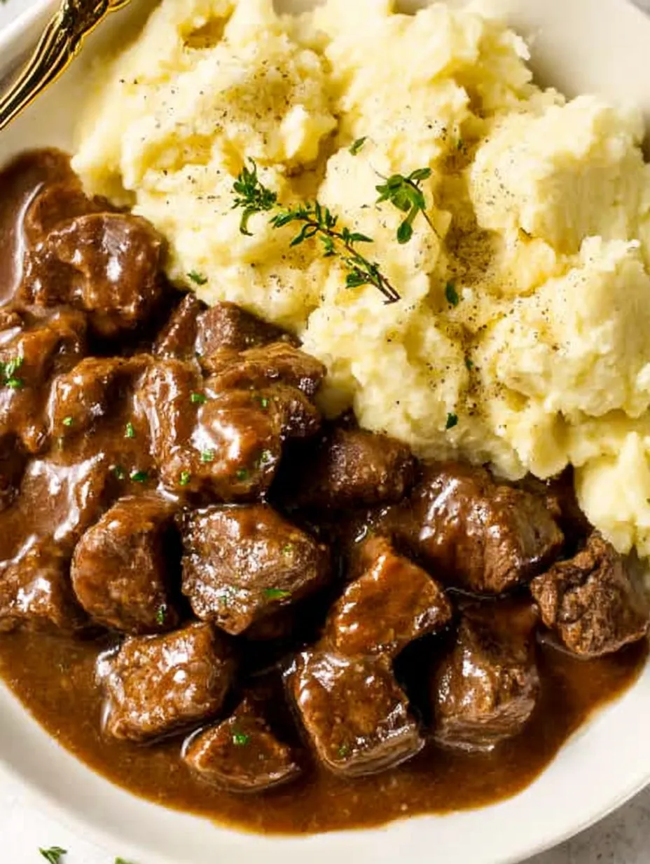 A plate of beef tips and gravy.
