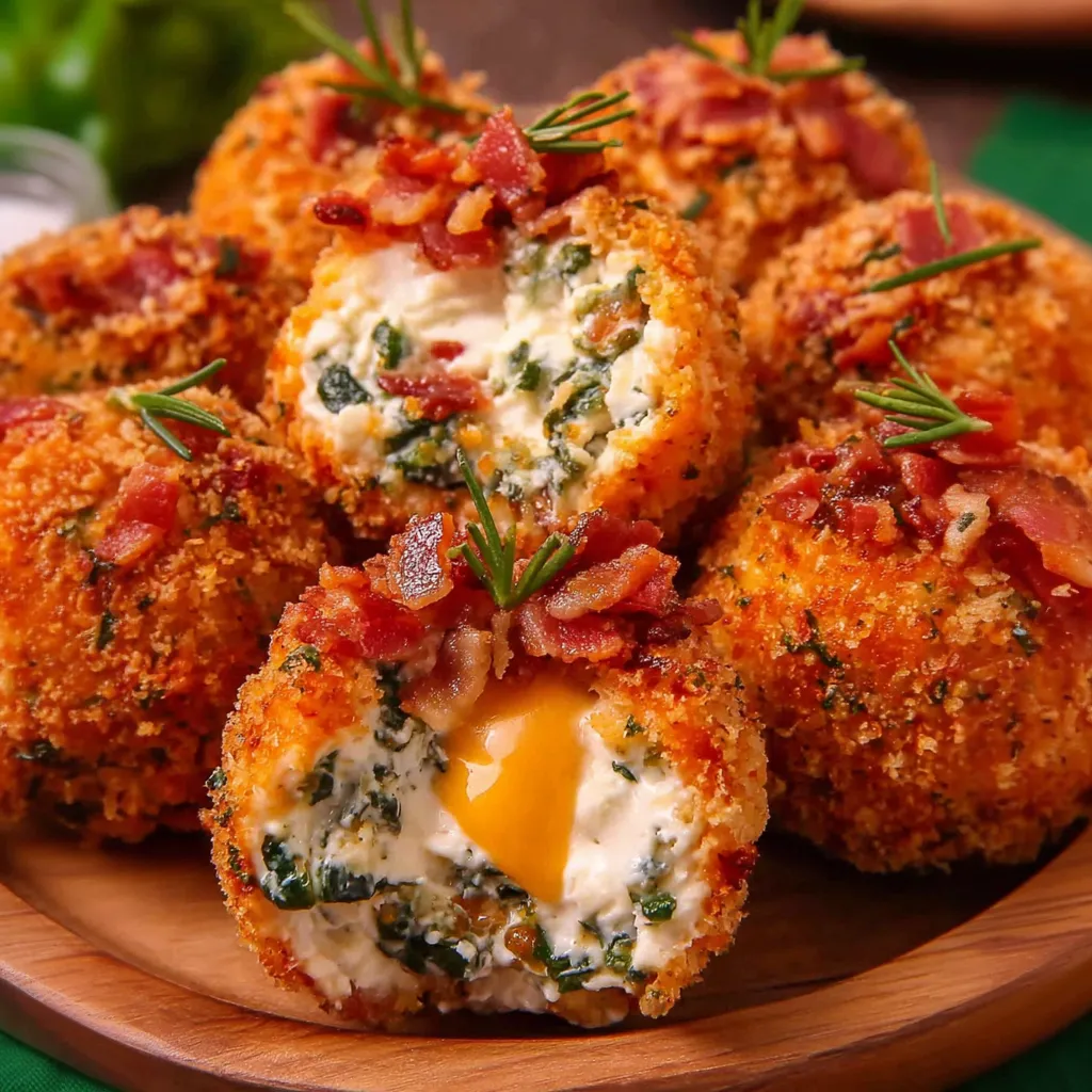 Bacon jalapeno popper cheese balls on a wooden platter.