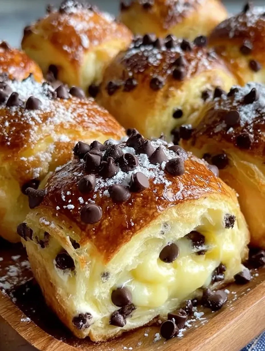 Chocolate chip vanilla custard brioches on a plate.
