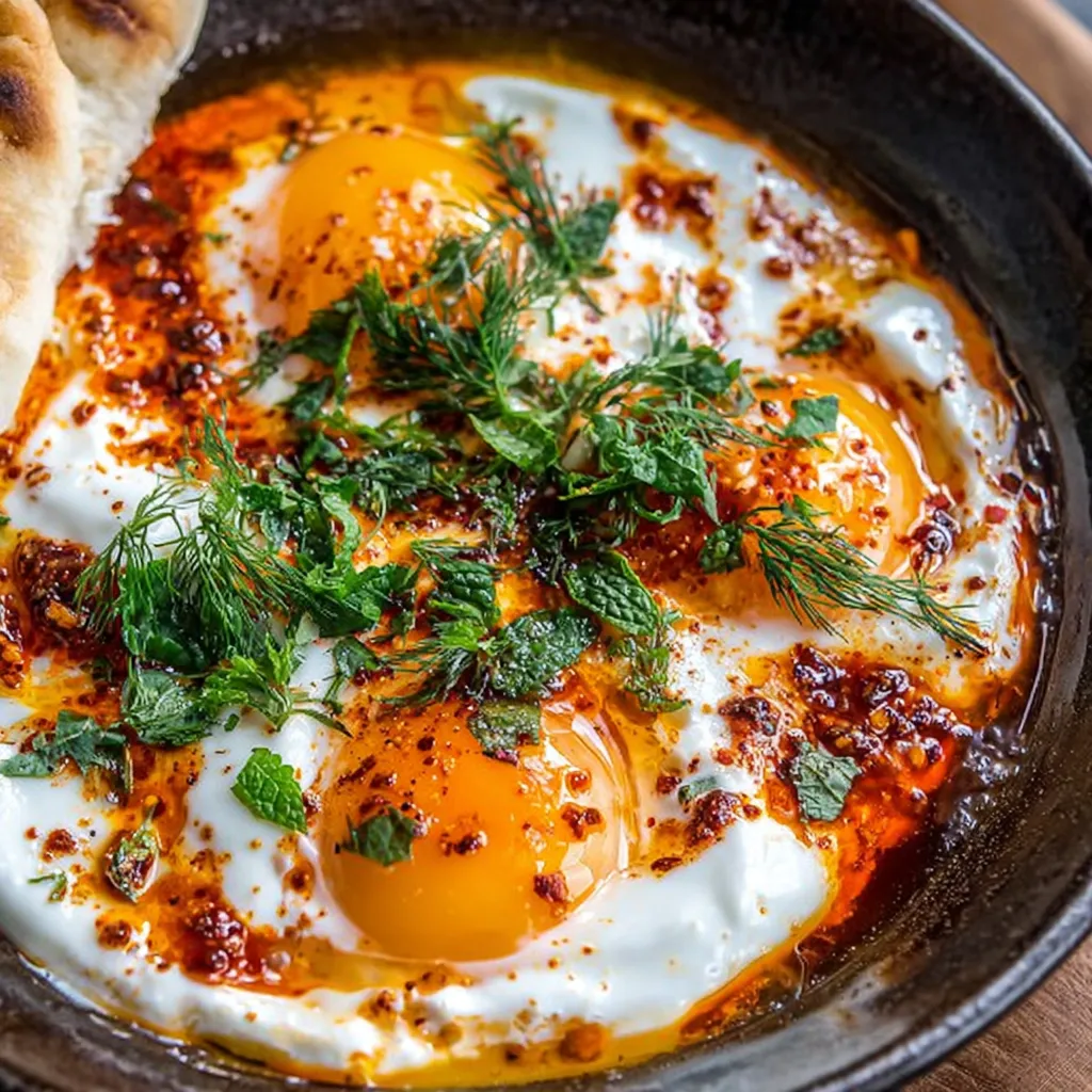 A bowl of eggs with herbs and spices.