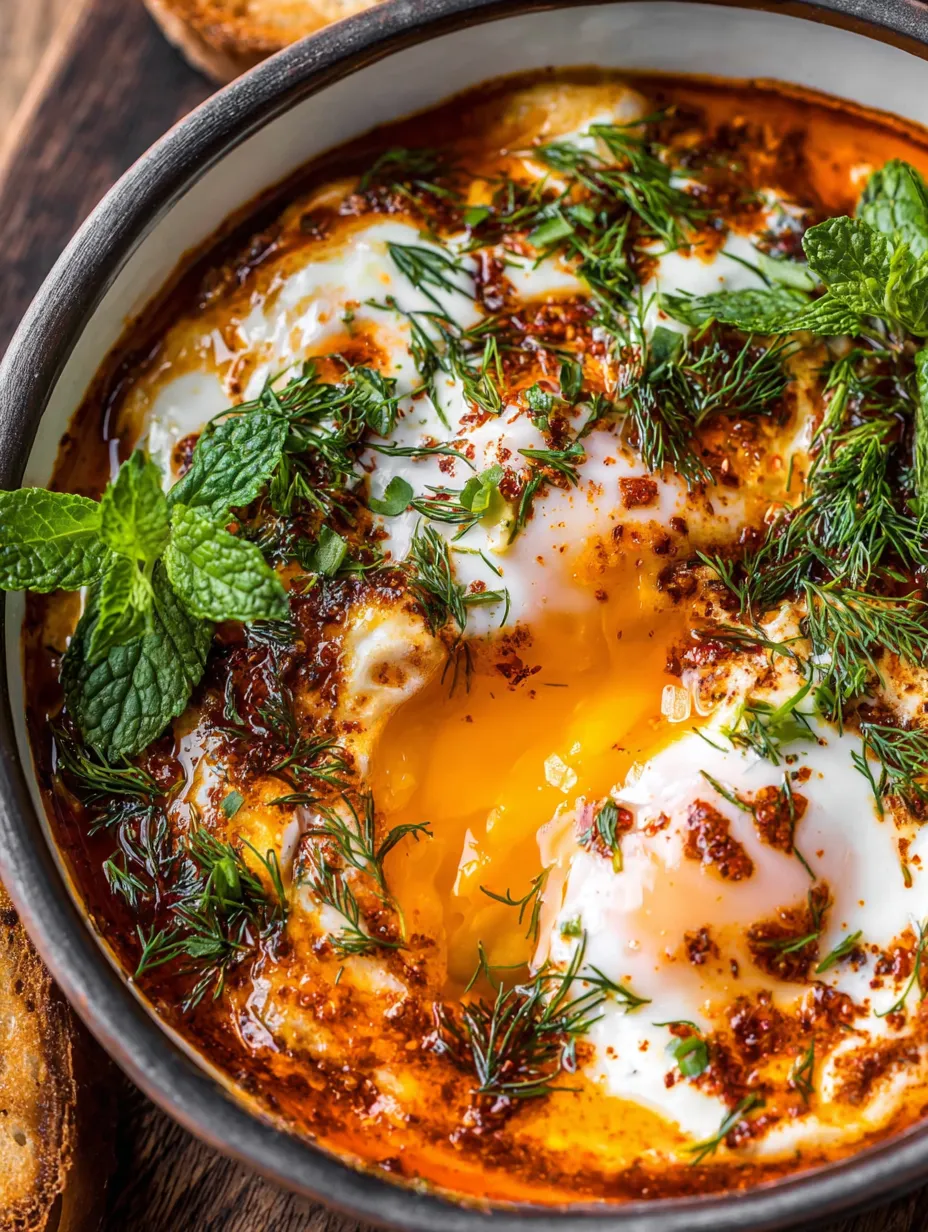 A bowl of eggs with herbs and spices.