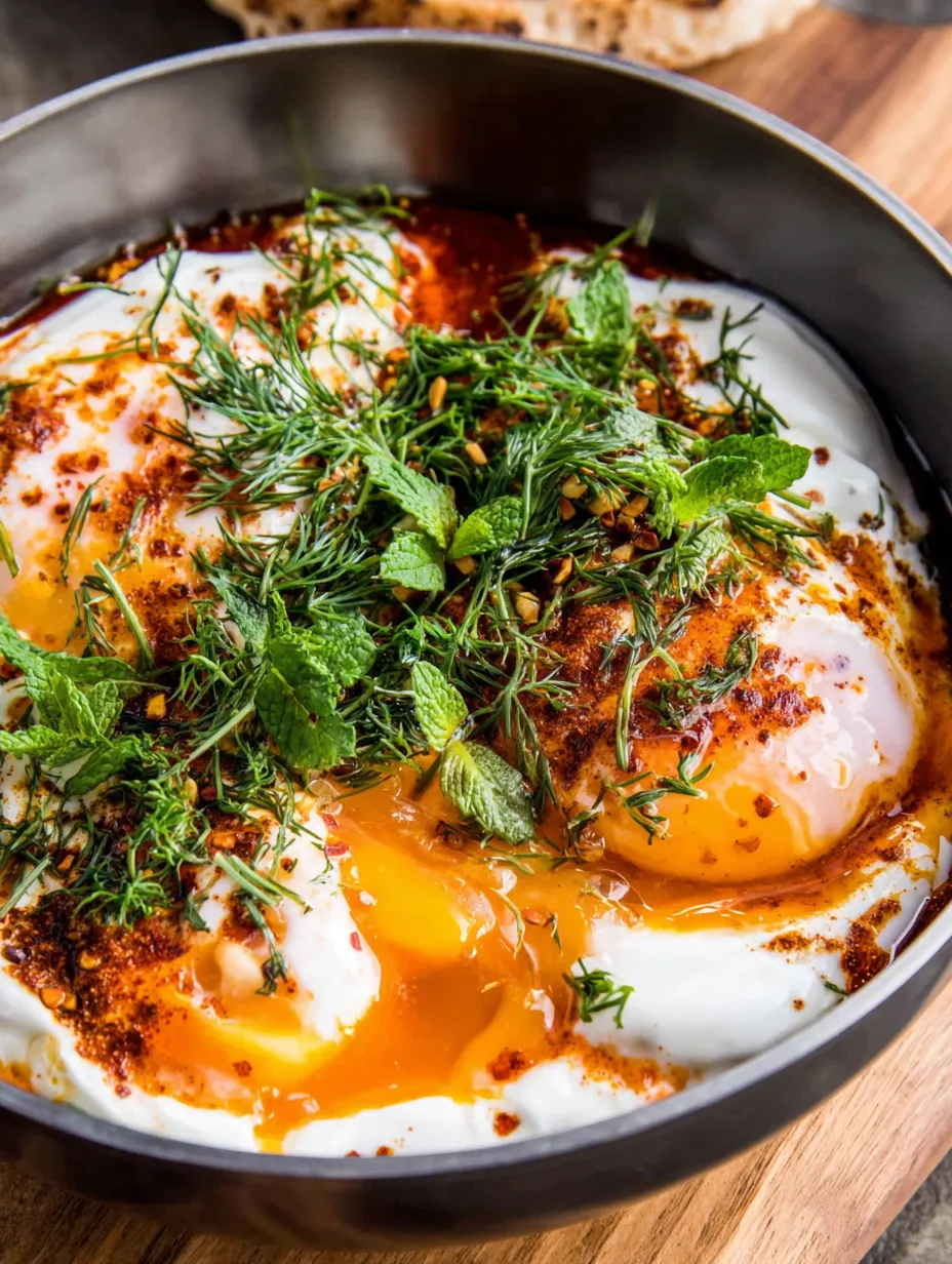 A bowl of eggs with herbs and spices.