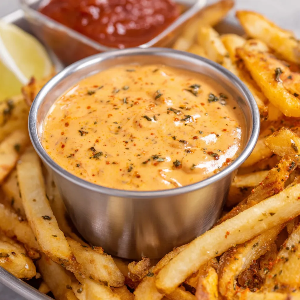A bowl of fries with spicy chipotle mayo.