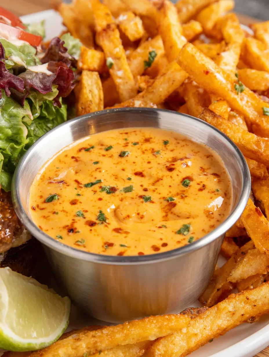 A bowl of spicy chipotle mayo sits on a plate with fries.