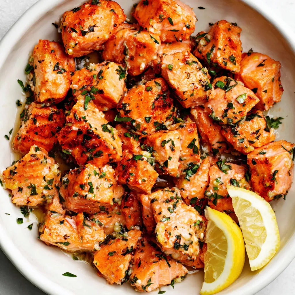 A bowl of air fryer salmon bites.