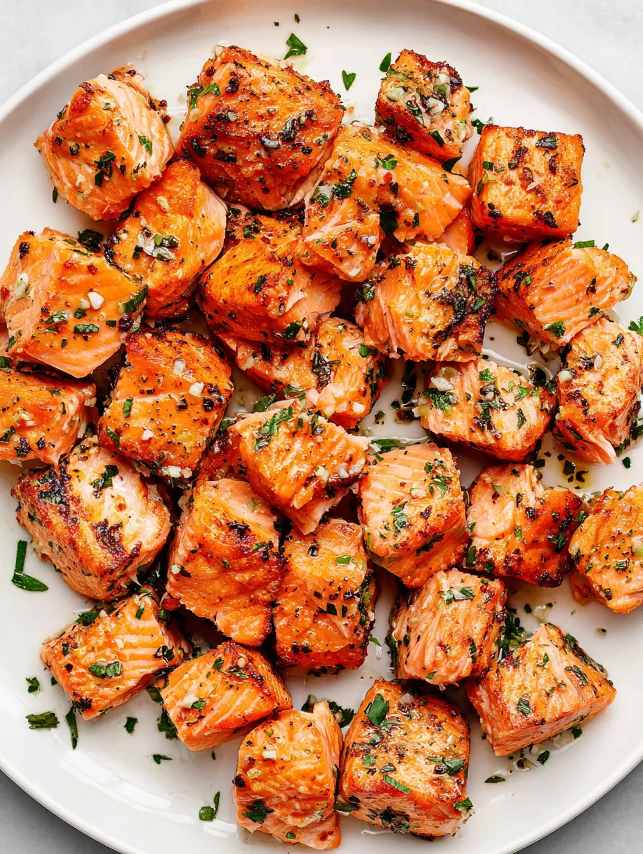 Air fryer salmon bites on a white plate.