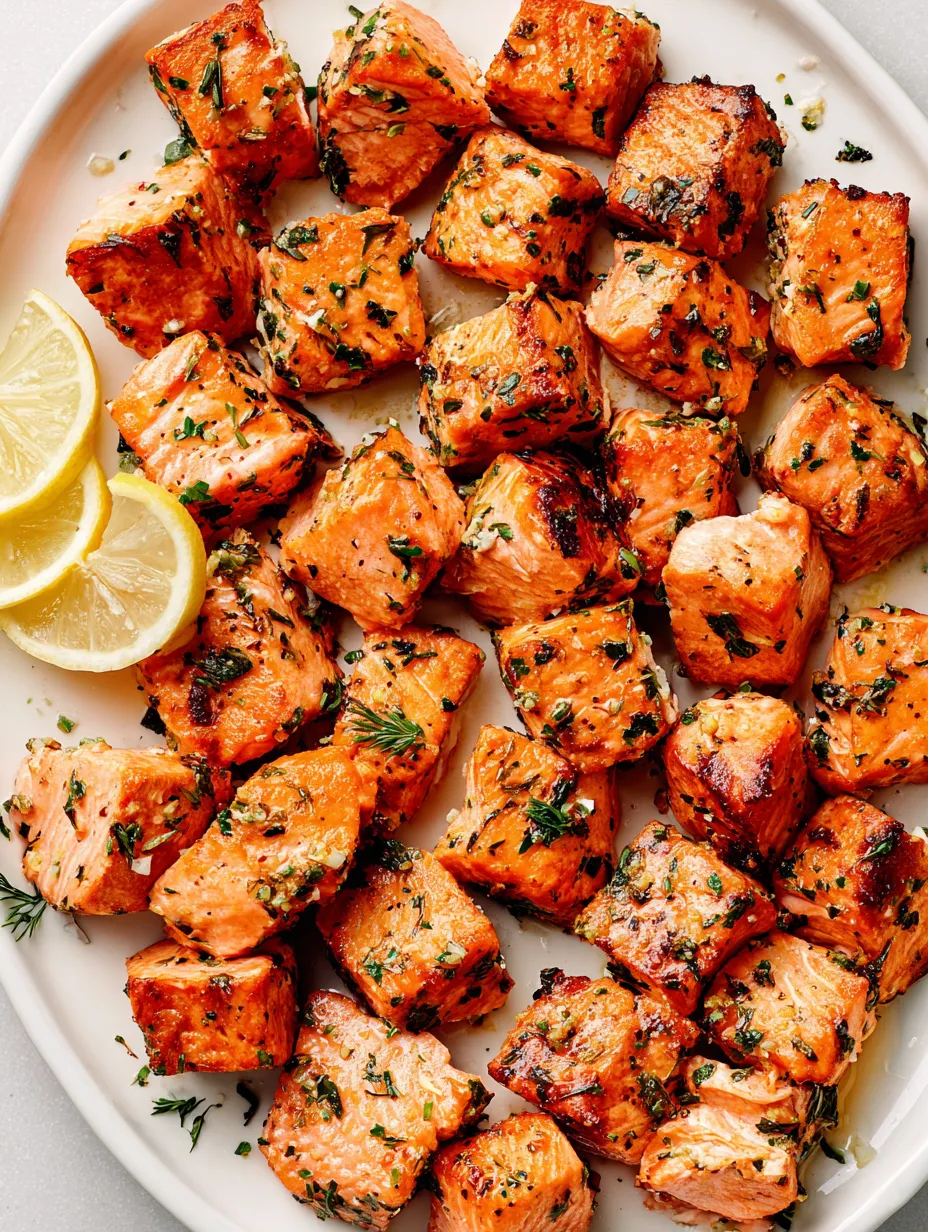 Air fryer salmon bites with lemon.