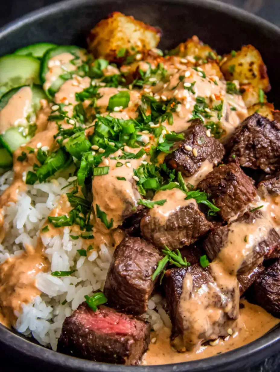 A bowl of food with rice, meat, and vegetables.