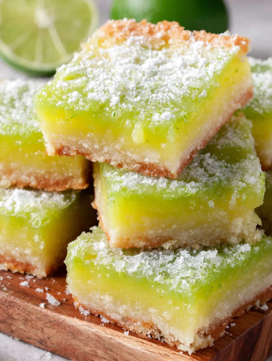 A stack of lime bars with powdered sugar on top.