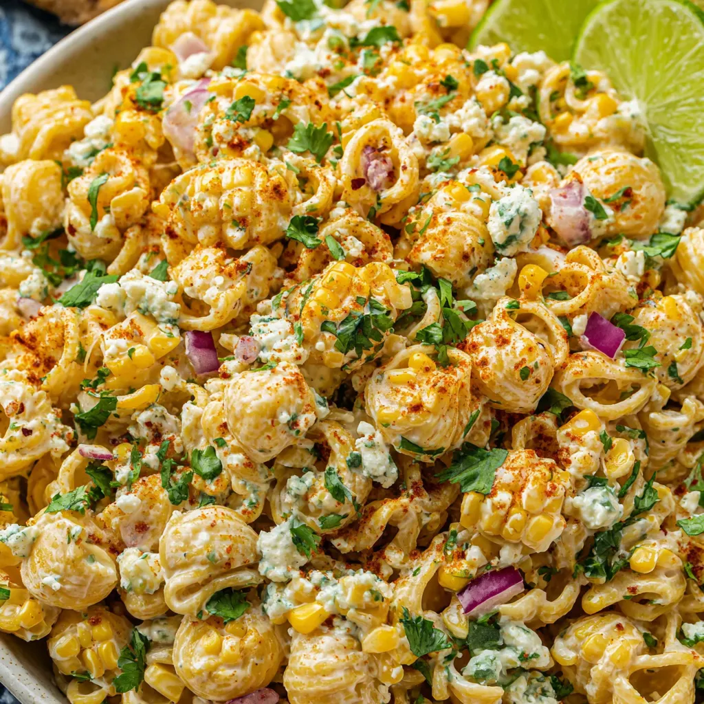 A bowl of Mexican street corn pasta salad.