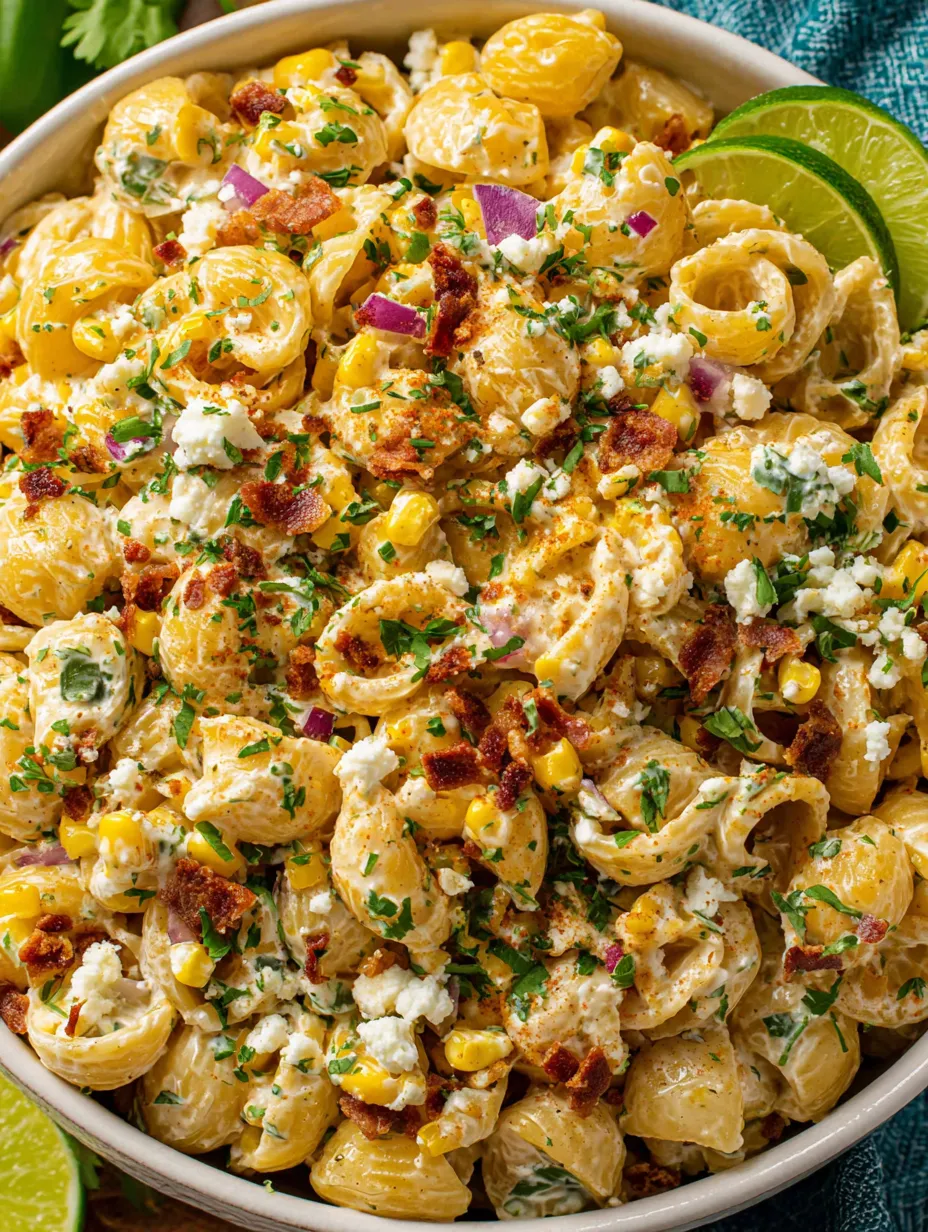 A dish of Mexican street corn pasta salad.