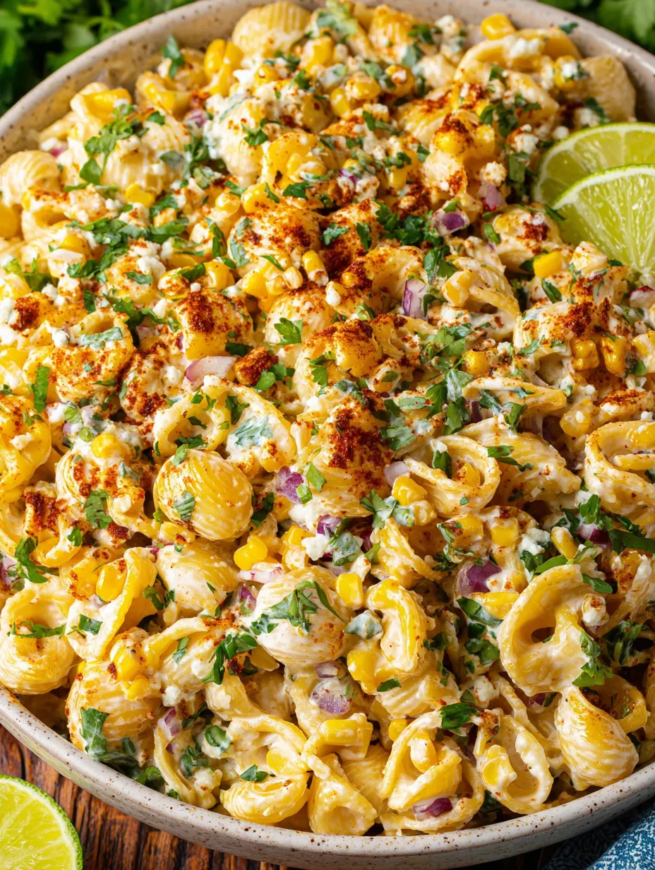 A dish of Mexican street corn pasta salad.