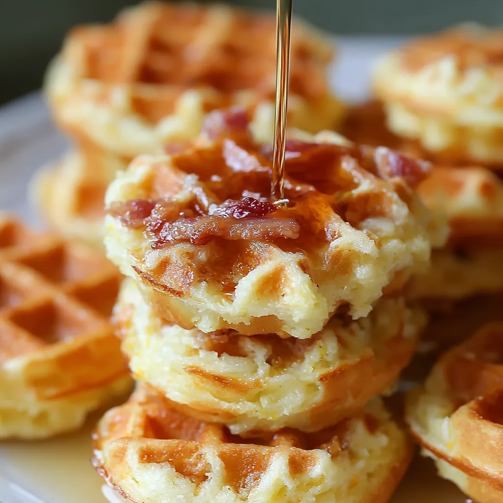 A plate of cornbread waffle bites with honey butter syrup.