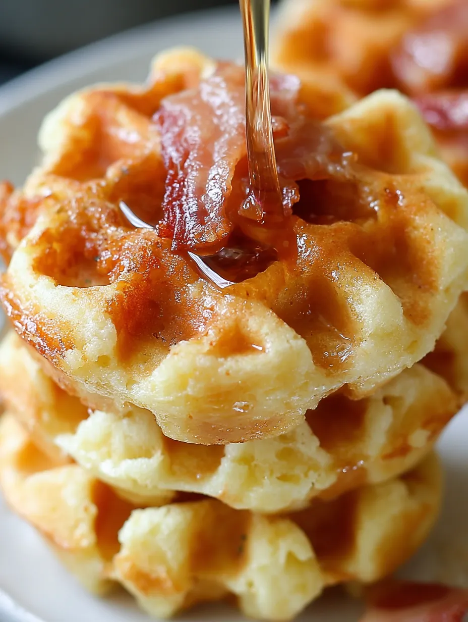 A stack of cornbread waffle bites with honey butter syrup.
