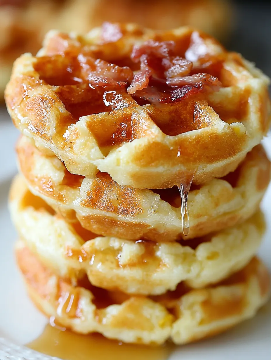 A stack of cornbread waffle bites with honey butter syrup.