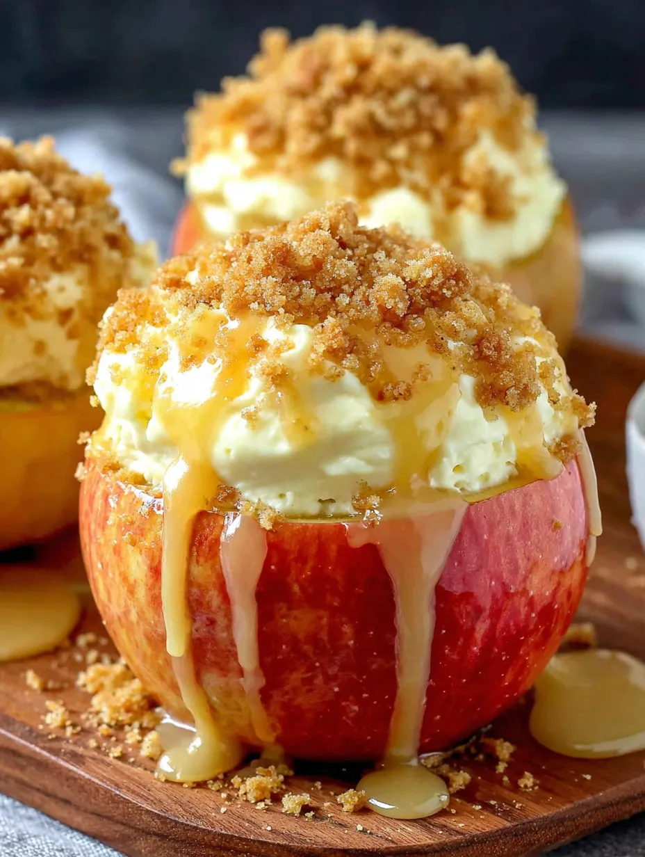 A close up of a baked apple with a cheesecake filling.