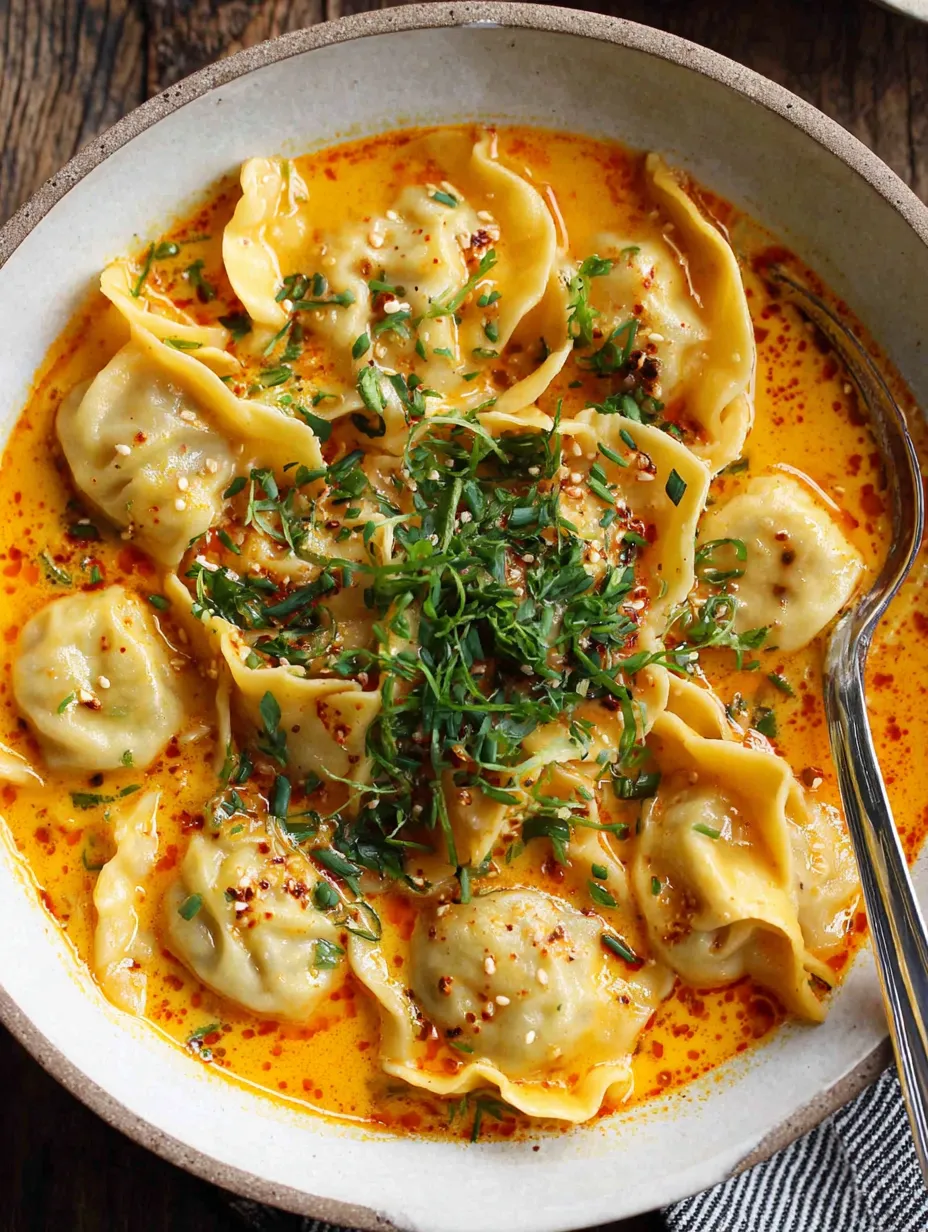 A bowl of Thai Coconut Curry Dumpling Soup.